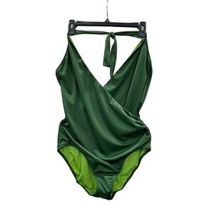 J. Crew Halter Neckline Green Front Wrap Low Back One Piece Bathing Suit 16 NWOT